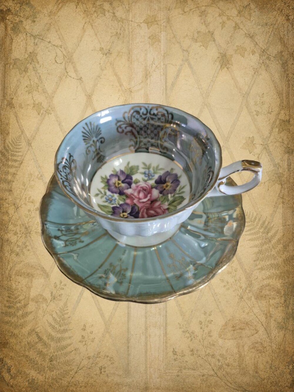 SHAFFORD Vintage Teal Floral Tea Cup